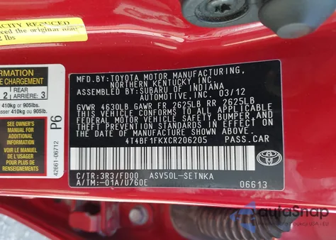 2012 Toyota Camry Le z USA, uszkodzony, nr VIN 4T4BF1FKXCR206205